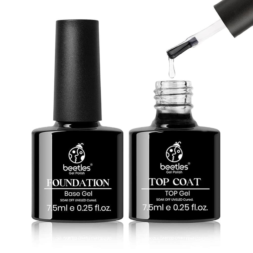 Beetles Gel Überlack Unterlack Set - Ohne Abwischen 2pcs 7.5ml LED Klares Gel Basis Top Nagel Glänzendes Glanz Finish Langlebiger UV Nagellack Lampe Nägel Kunst DIY Zuhause