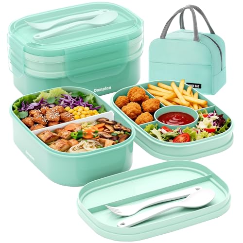 Dompion 2 Layers Bento Box, All-in-One Stackable Lunch Container with Compartments, 64oz Leakproof Microwave Safe Dishwasher Safe Bento Box with Lunch...