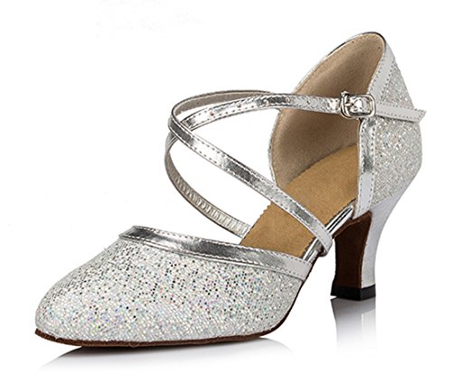 TDA Women's Closed Toe Ankle Strap Glitter Silver Synthetic Tango Latin Modern Dance Wedding Shoes 7 M US