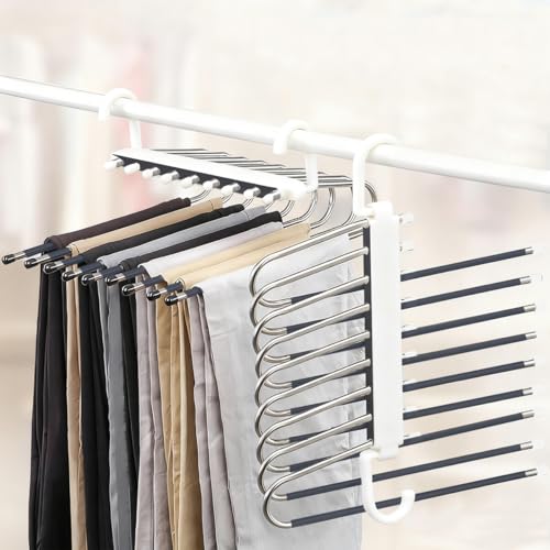 Pants Hangers,2 Pack 9 in 1 Pants Rack,Adjustable Clothes Hangers,Space Saving Hangers,Multi-Functional Pants Rack for Clothes Closet Storage Organizer