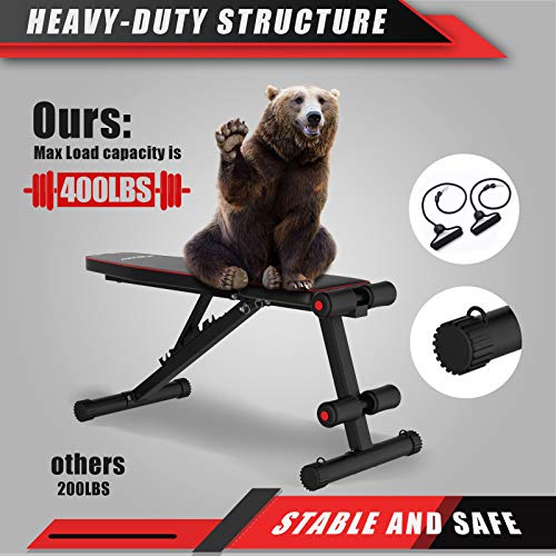 MCNBLK Adjustable Weight Bench 400lbs Capacity, Incline Decline Weight Lifting Workout Bench Home Gym, Multi-Position Utility Bench for Full Body Workout, Folding Dumbbells Bench with Elastic Ropes
