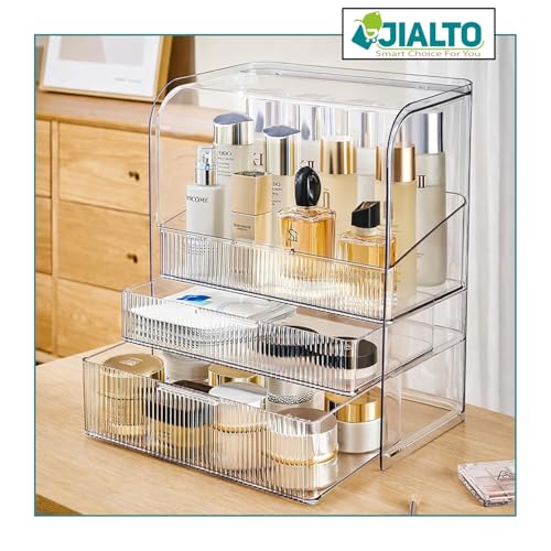 Image of JIALTO Makeup Organizer with Drawer Storage, Transparent Cosmetic Organizer Box with Dustproof Cover, Skincare Perfume Storage Case for Dressing Table, Bathroom Vanity Organiser for Women -Transparent