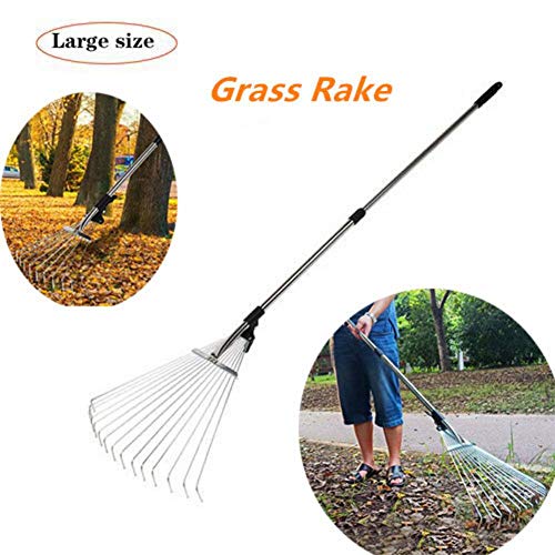 Stainless Steel Telescopic Leaf Rake Adjustable Folding Leaves Rake with Comfortable Grip Handle for Quick Clean Up of Lawn and Yard