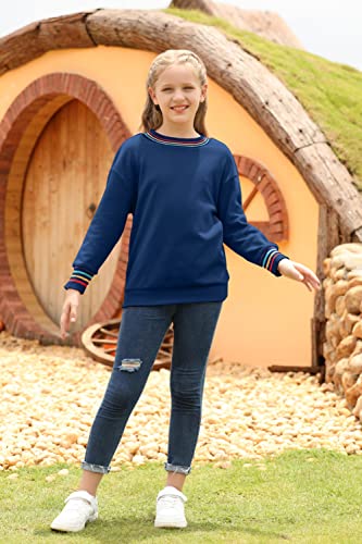 Haloumoning Girls Fleece Sweatshirts Kids Casual Loose Crewneck Sweater Pullover Tops Size 4-15 Navy Blue #TOP3