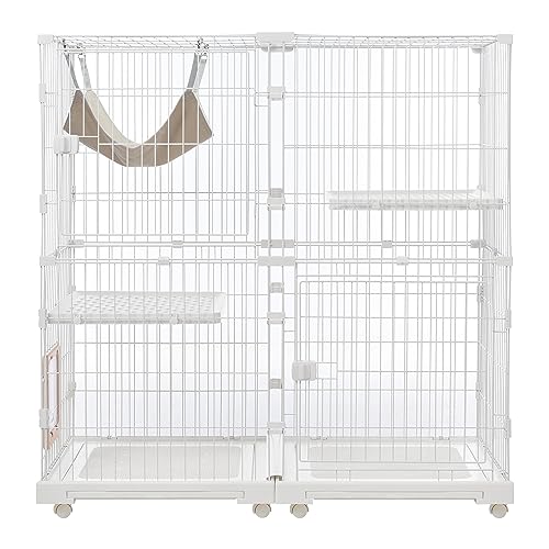 猫 ケージ 大型 2段 自由組み合わせ キャットケージ ハンモック付き トレー付き 猫ドア付き 脱走防止 多頭飼い スチール製 おしゃれ キャットハウス