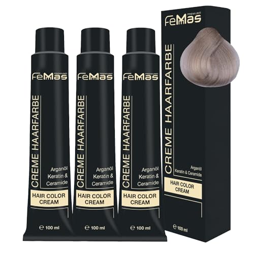 FemMas Tinte para el cabello 3 x rubio platino arena 11.7 I crema tinte para el cabello con aceite de argán, queratina y ceramidas, como coloración permanente o tinte para obtener resultados de color