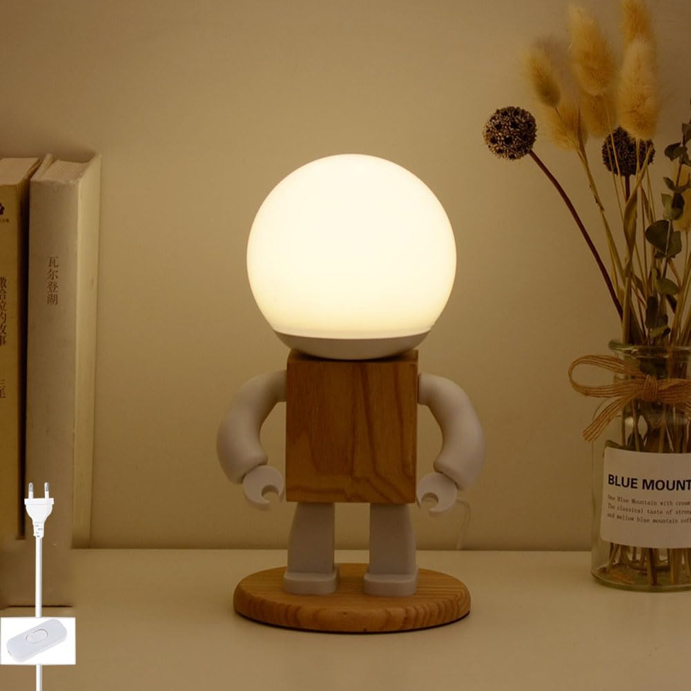 Roboter Nachttischlampe Holz Kreative Roboter Schreibtischleuchten Moderne LED Schreibtischlampe Dekorative Nachttischleuchten mit Kabel und Schalter Tischlampe für Kinder Schlafzimmer Büro