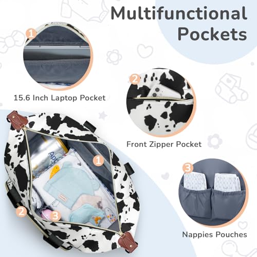 Image of Tenot Diaper Bag Tote with Pacifier Case, Baby Bag for Women with Shoulder Straps, Travel Diaper Tote for for Mom and Dad Cow Print