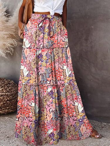 Women Bohemian Floral Long Maxi Skirt A-LIne High Waist Pleated Ruffle Flowy Tiered Swing Beach Long Floor Skirt2