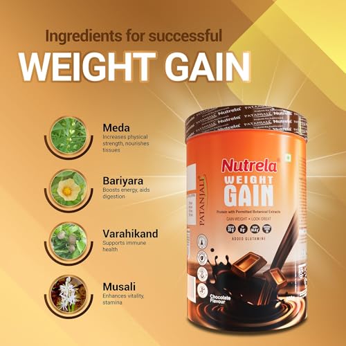 Image of Nutrela Weight Gainer Powder - 500 gram, Chocolate Flavour with Free Shaker Bottle | 20g Protein, 66.8 Carbs, 13 Vitamins & 12 Minerals with Khandsari Sugar | Ideal for Athlete, Men, Women & Kids above 10 Year