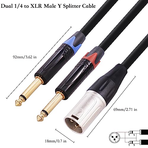 XLR 3 Pin Male to Double 6.35mm 1/4in TS Male Y Splitter Cable - Image 3