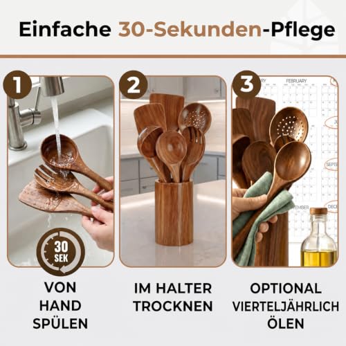 Holz Kochbesteck-Set mit Halter, Pfannenwender Kochlöffel Schöpfkelle Nudelheber Servierlöffel Sieb – mit Haken, Halter und Ablage… – Ansicht 4