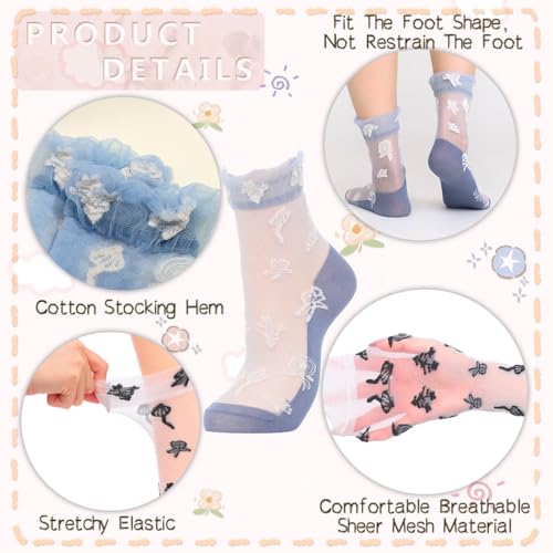 Image of Campsis Sheer Socks Flower Lace Sock Ruffle Sheer Ankle Socks Floral Nylon Sock for Women and Girls(5 Pairs)