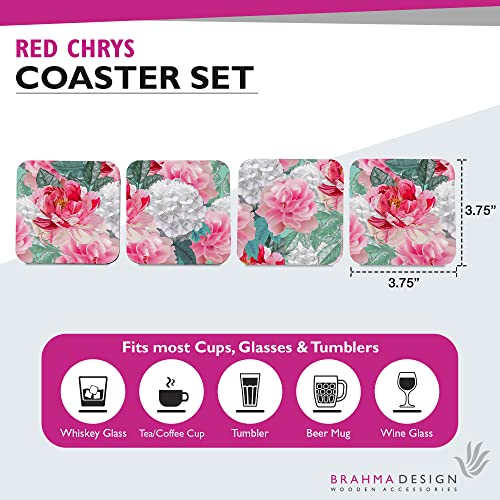 Image of Wooden Coaster Set with Gift Box | Red Chrysanthemums Design | Set of 4 Tabletop Square Coasters 3.75 inch x 3.75 inch | Kitchen Table Wooden Decorative Items | for Cups, Mugs, Cans, Glasses