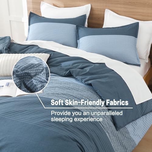 Litanika Haze Blue Comforter Set King - 3 Pieces Lightweight Haze Blue White Colorblock Stripe Fluffy Bedding Comforter Sets, All Season Bed Set