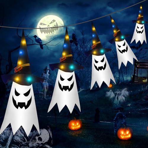 Decorazioni Fantasma Appeso con 5 Cappelli da Strega, Decorazioni di Halloween, Fantasma Cappello da Strega da Appendere, per Interni ed Esterni Cortile Parete Giardino