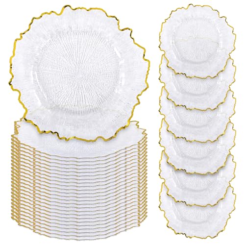 REWOMC Transparente Platzteller, 33 cm, Riffteller-Aufladegeräte für Abendessen, dekorative Kunststoffteller für Tischdekoration, Hochzeit, Party, Event, Dekoration, 24 Stück