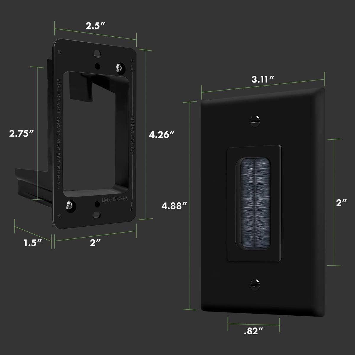 TOPGREENER Bristled Brush Wall Plate with Mounting Brackets, Pass-Through Wall Plate for Low Voltage Cables, Mid-Size 1-Gang 4.88" x 3.11", Polycarbonate Thermoplastic, TG8891MB-BK-2PCS, Black, 2 pack
