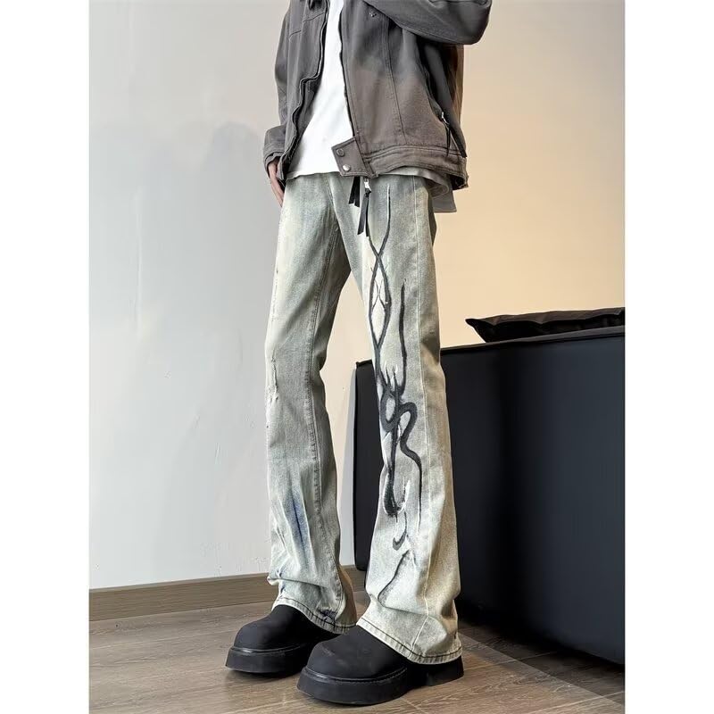 BXCNCKD Men's Retro Washed Micro Flared Jeans with Flame Print for Slimming and Floor Hugging Straight Leg Pants2