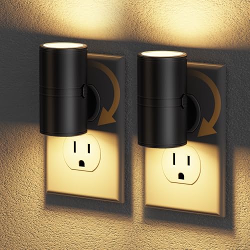 Image of JandCase LED Night Light Plug in, Rotating Night Lights Plug into Wall Warm | Dusk to Dawn Sensor, 2 Level Brightness Adjustable Nightlight, 2 Pack, Warm White 3000K, for Bathroom Bedroom Hallway Stairs