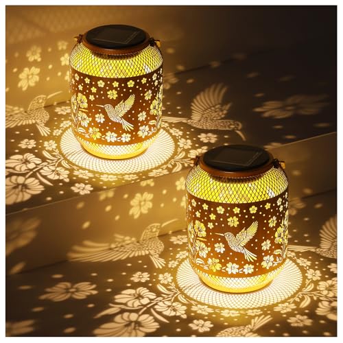 Image of 2 Pack Solar Lanterns Outdoor Waterproof Hummingbird Garden Decor Birthday Gifts for Women Mom Grandma Hanging Solar Lights Metal Decoration Outside for Yard, Patio, Backyard, Porch, Pathway