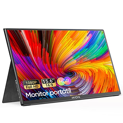 ARZOPA Monitor Portatil, 15,6 Pulgadas, 1920x1080 FHD Pantalla Portatil, IPS con HDMI/Type-C/USB-C, Altavoz Incorporado Dual, para Ordenador Portátil/PC/Mac/PS3/PS4/PS5/Xbox/Teléfono