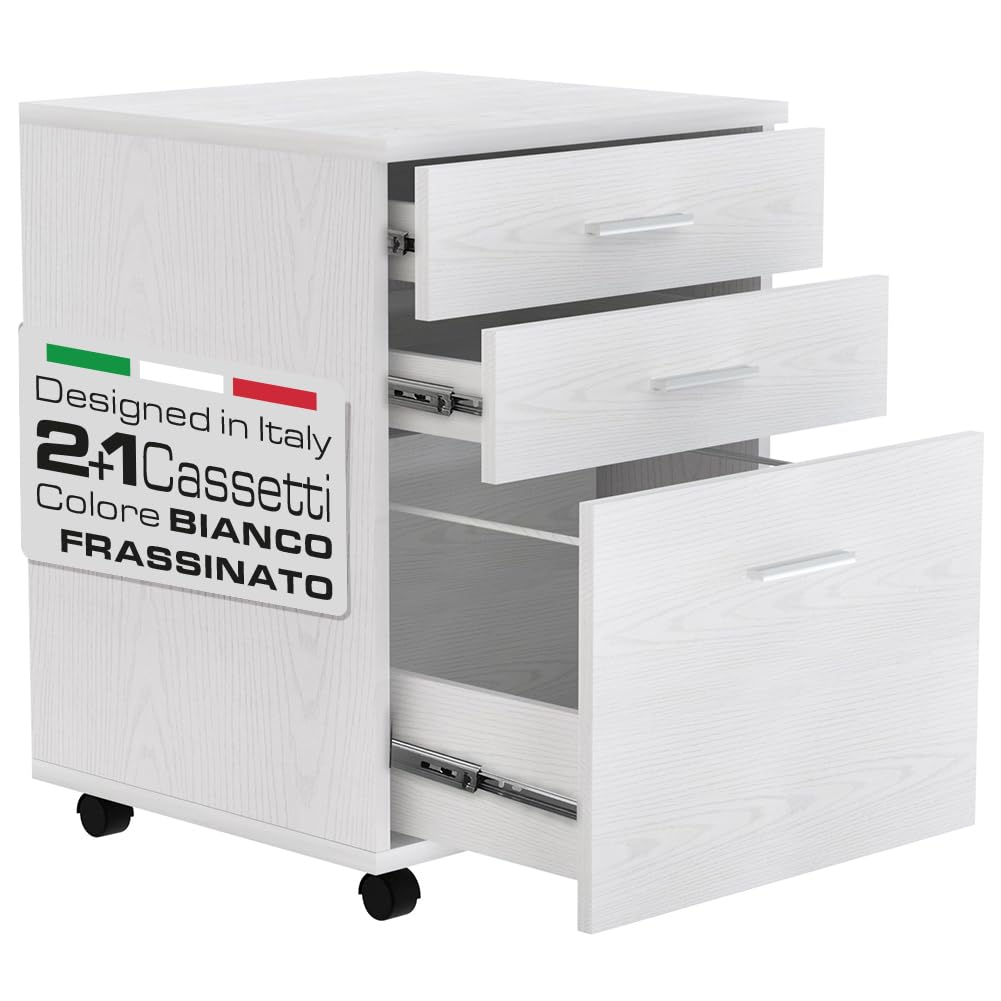 BAKAJI Cassettiera Mobile Scrivania Mobiletto Porta Stampante in Legno MDF con 3 Cassetti e 4 Ruote Girevoli Design Moderno Arredamento Casa Ufficio Dimensione 46,5 x 45 x 64 cm (Bianco Frassinato)