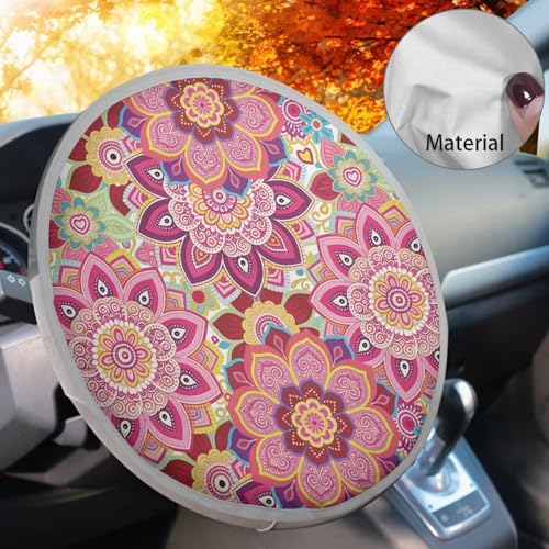Image of Steering Wheel Sun Shade Cover Easy Installation Reflect UV Sun and Heat Mandala Floral Pink Steering Wheel Sunshade Non Slip Car Interior Accessories for Car Truck SUV