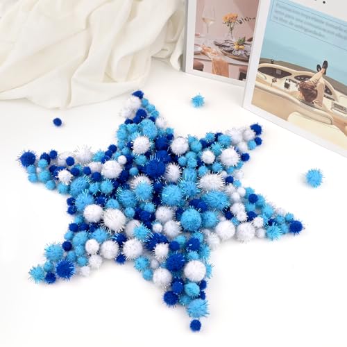 NACHLYNN 1000 Glitter Pom Poms Bulk 4 Sizes Assorted Soft Fluffy Pom Poms for Crafts DlY Decorations Activities with A Storage Bag (Blue Series)