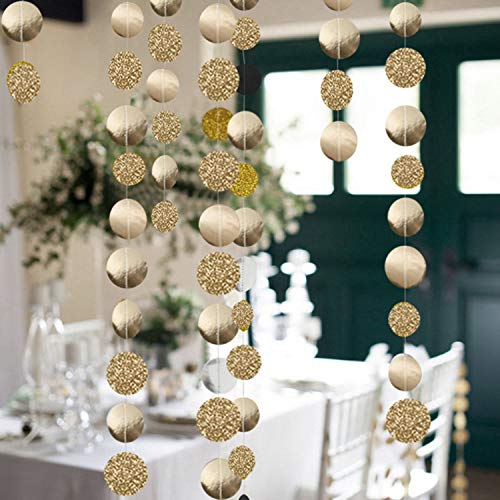 Oumuamua 5Pcs Glitter Champagne Gold Paper Circle Dots Garland Banners Streamers Hanging Bunting Ornament For Engagement Party Bridal Shower Wedding Baby Shower Christmas Room Decor (65 Feet) #TOP5