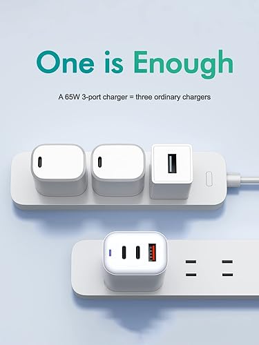 Miniatura 5 de TSKYBEAR Cargador de pared USB C de 65 W multipuerto - PD 3.0 Cargador GaN plegable rápido compacto de 3 puertos compatible con MacBook ProAir, iPad