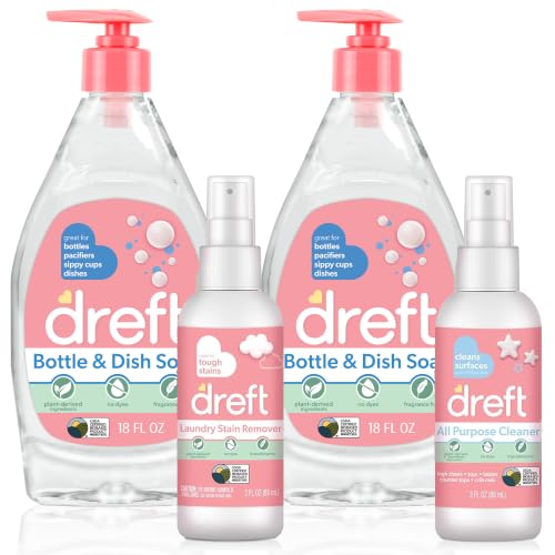 Image of DREFT Bottle and Dish Soap Baby Gift Set - Bonus Travel Size Dreft All Purpose Cleaner & Stain Remover - Made to Clean Baby Essentials - Plant Based Ingredients, Fragrance Free Formula - 4 Piece Set