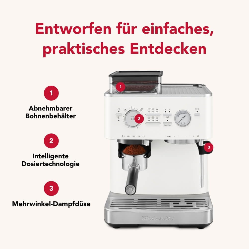 KitchenAid Kaffeemaschine mit Mahlwerk Halbautomatische Espressomaschine Milchschäumer Milchkännchen Bohnenbehälter Weiss