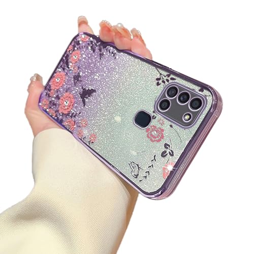 Image of Samsung Galaxy A21s Case for Women, Gradual Change Glitter Crystal Soft TPU Stylish Butterfly Floral Heart Clear Protective Cover with Strap (Purple)