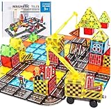 Magnetic Tile Road Set 42 PCS, Magna Tiles Construction Toys with Crane Truck, Magnetic Building Blocks for Kids, Perfect Boys Gifts