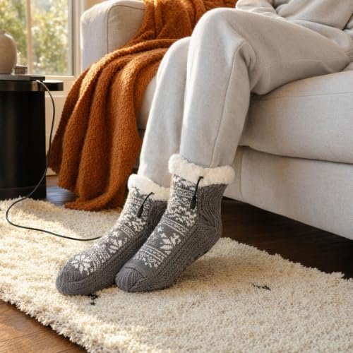 2 Pack Christmas Snowflakes Print USB Heated Socks Womens Fuzzy Socks，Grey - image 4