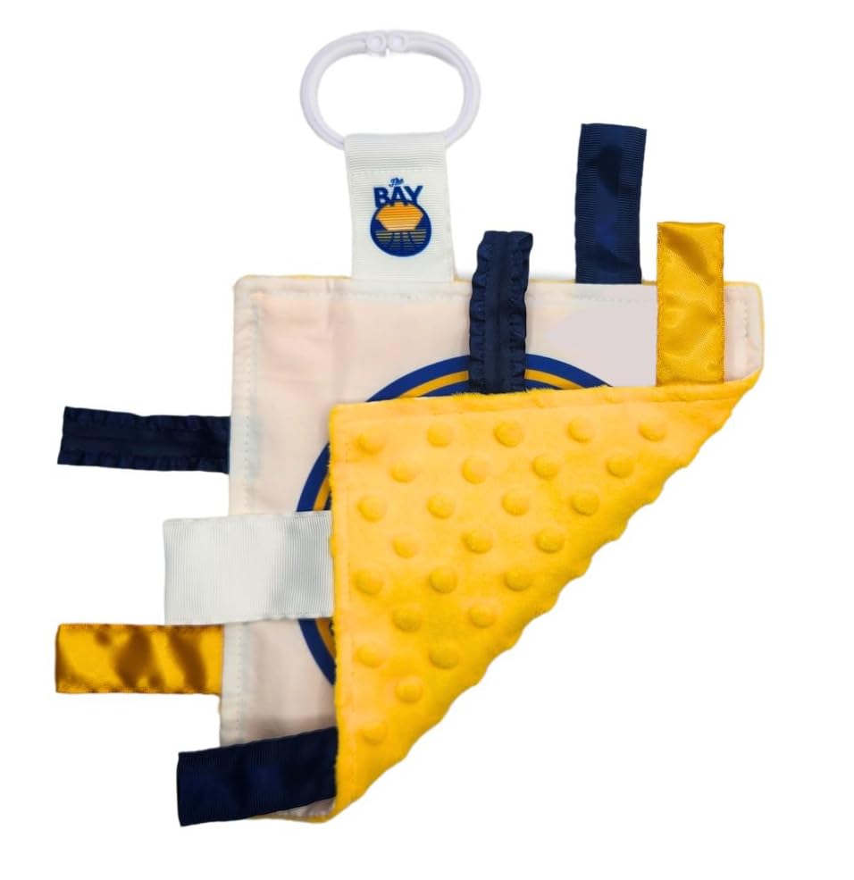 Golden State Warriors - Juguete de etiqueta para bebé de 8 x 8 pulgadas, baloncesto de la NBA, juguetes sensoriales arrugados para bebés, suave y seguro, juguete ideal para cochecito de bebé, sin BPA con clip para cochecito (juguete de etiqueta de 8 x 8 p 2