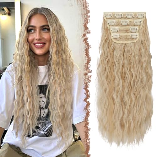 FESHFEN Extensión de Cabello con Clip 4 PCS Ondulado Rizado Largo Postizos de pelo con Clip Sintético Extensión de Cabello para Mujeres, Rubio Miel & Rubio Platino 50 cm