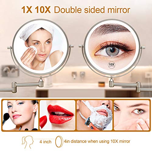 Rechargeable Lighted Makeup Mirror Wall Mount, 8'' Double Side 1X 10X Magnifying Makeup Mirror With Light, Extendable Vanity Mirror With 3 Color Modes, Touch Screen Dimming Bathroom Mirror #TOP4