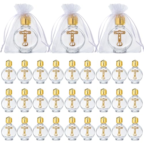 Ferrochef 30 Set Holy Water Bottles Catholic Bulk 0.5 Floz Small Embossed Glass Gold Empty Holy Water Bottle with Cross Organza Bag Spiritual Favor for First Communion Church Baptism Party(Religous) by Ferrochef - Used condition - US$19.24