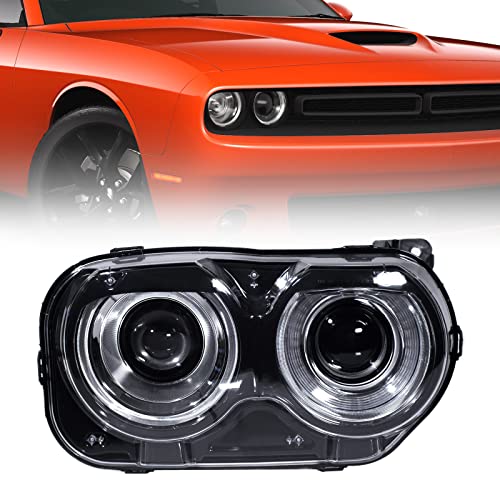 VLINCAR Headlight Assembly Compatible with Dodge Challenger (Halogen Model) 2015 2016 2017 2018 2019 2020 2021 Headlamp with Black Housing Replacement Right Passenger Side (RH) 68174064AF CH2503267