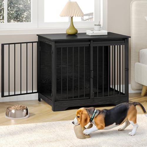 Hzuaneri 31.9" Dog Crate Furniture with Barn Door, Heavy Duty Dog Kennel Indoor with 2 Doors, Wooden Pet Cage End Table for Small Medium Dogs up to 44 lb, Anti-Chew Anti-Escape, Black DFC83604B