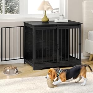 31.9″ Dog Crate Furniture with Barn Door, Heavy Duty Dog Kennel Indoor with 2 Doors, Wooden Pet Cage End Table for Small Medium Dogs up to 44 lb, Anti-Chew Anti-Escape, Black DFC83604B