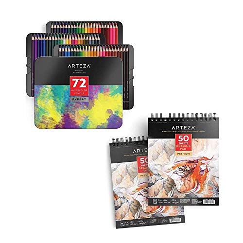 Arteza Professional Watercolor Pencils and Drawing Pads Bundle for Artist