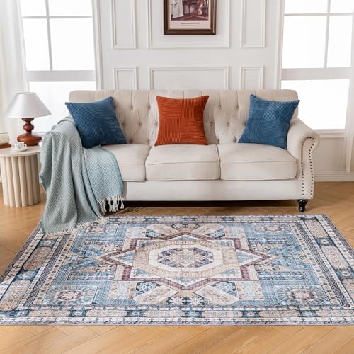 DCX Machine Washable Blue and Beige Area Rug 4x6, Non Slip Stain Resistant Vintage Floral Rug for Living Room Bedroom Nursery, Soft Low Pile Large Carpet
