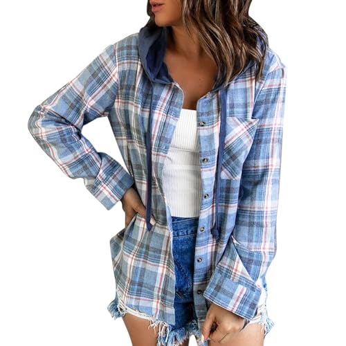 Women Flannel Plaid Shirt Jacket Long Sleeve Shacket With Hood Button Down Blouse Drawstring Fall Tops Casual Outfit - View #4