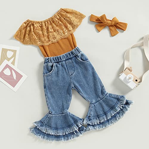 Western Baby Girl Clothes Newborn Rib Ruffle Long Sleeve Knit Romper Cow Print Flared Pants Headband Set 3Pcs Outfits (Orange Sleeveless Denim, 6-9 Months) #TOP2