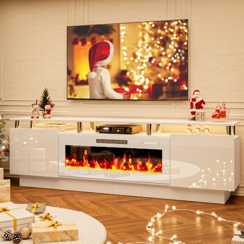 BOSSIN Fireplace TV Stand with 36" White Electric Fireplace, LED Light Entertainment Center with Storage Cabinets, Modern 80 inch 2 Tier TV Console Stand for TVs Up to 90", White