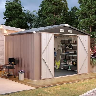 Aoxun 10x8FT Shed with Floor Galvanized Steel Outdoor Storage Shed (Brown)