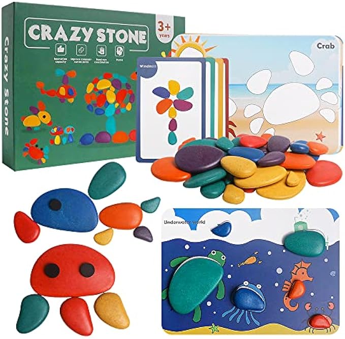 RAEQKS 36Pcs Wooden Sorting Stacking Rocks Toys Colorful Balance Stones Game Montessori Jigsaw Puzzle with 30Pcs Cards Pebbles Building Blocks Set for Preschool Learning Gift for Kids Toddlers 3+ Year